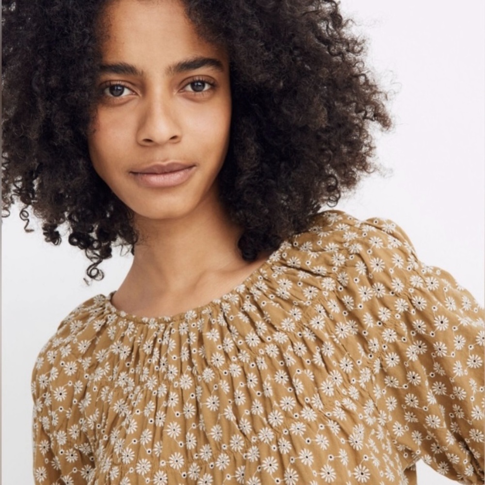 Madewell Embroidered Daisy Shirred Puff Sleeve Blouse Size xs. 100% cotton.